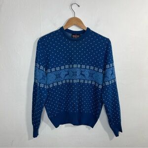 Demetre Vintage Blue Wool Reindeer Snowflake Awareness Ski Sweater Size Medium